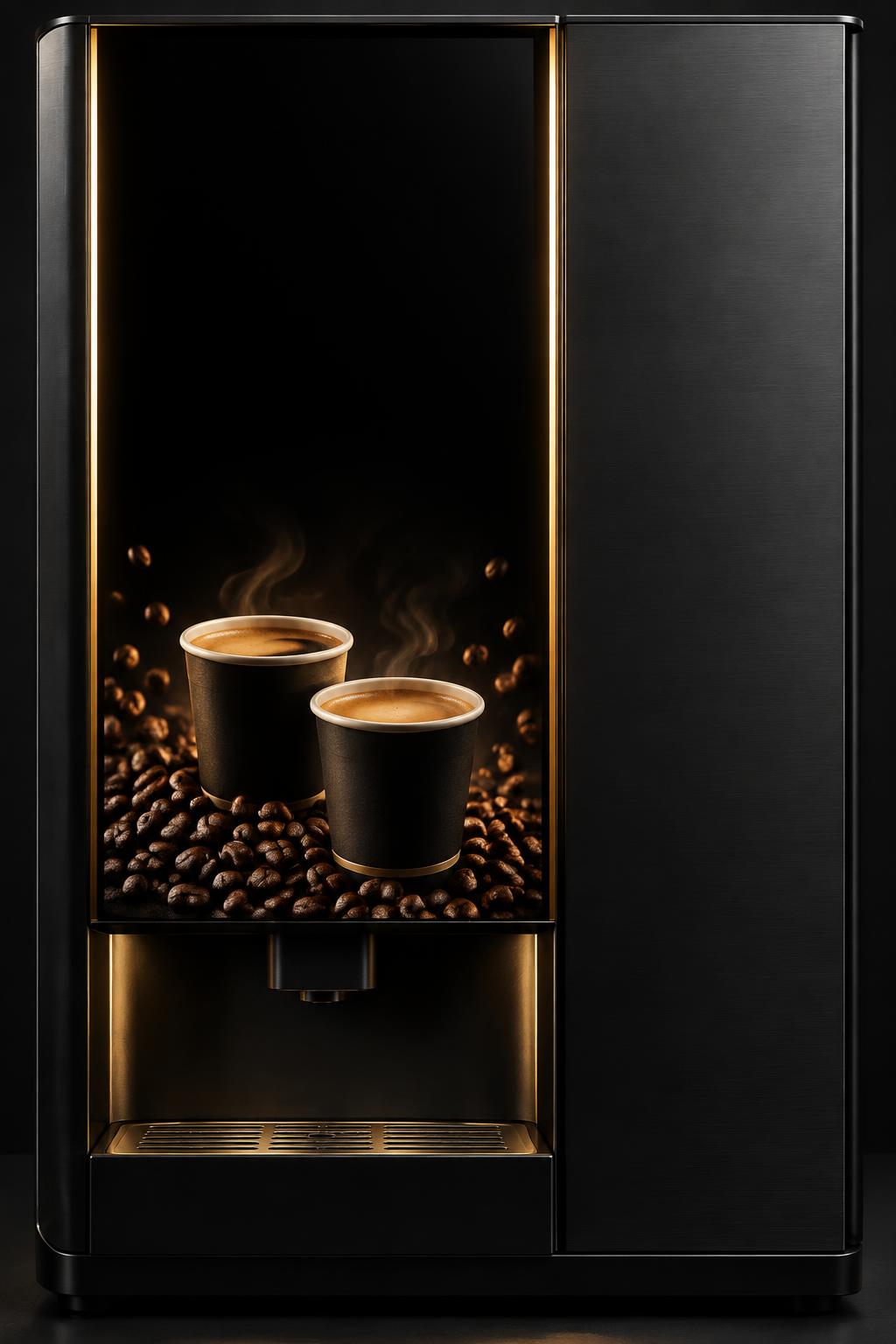Frente negro y dorado de una cafetera vending con vasos de café y granos